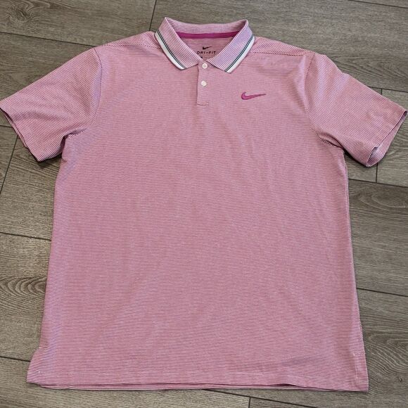 Nike Dri-Fit Polo Shirt Mens Large Teal Pink Striped Swoosh Golf Casual Lot Of 2 - Picture 9 of 11